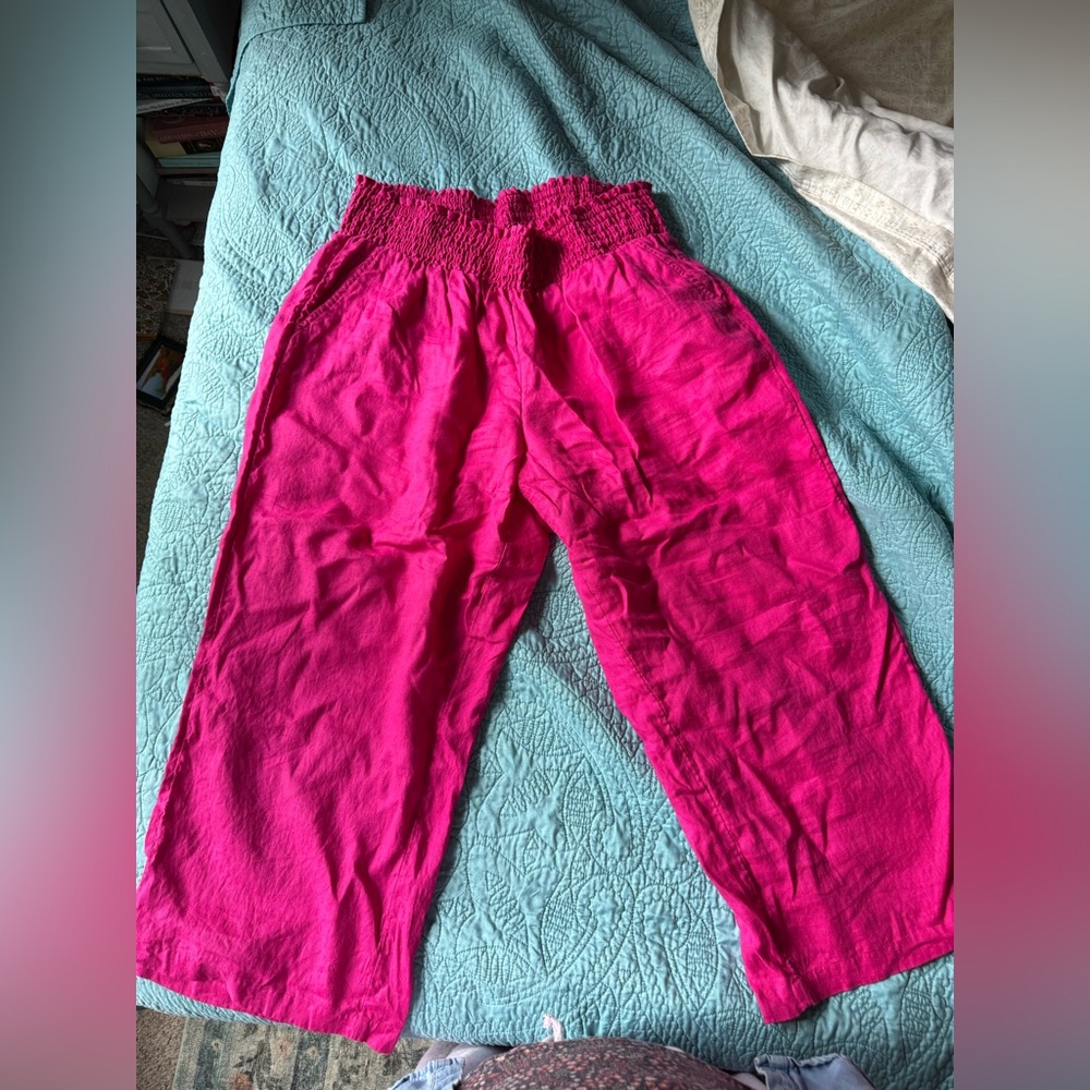 100% linen magenta smocked waist pants